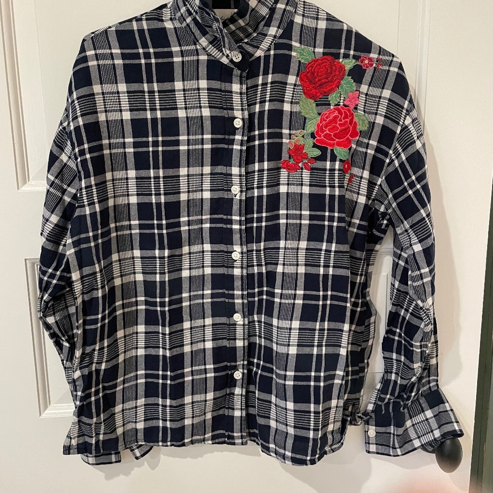 plaid button down shirt with floral embroidery